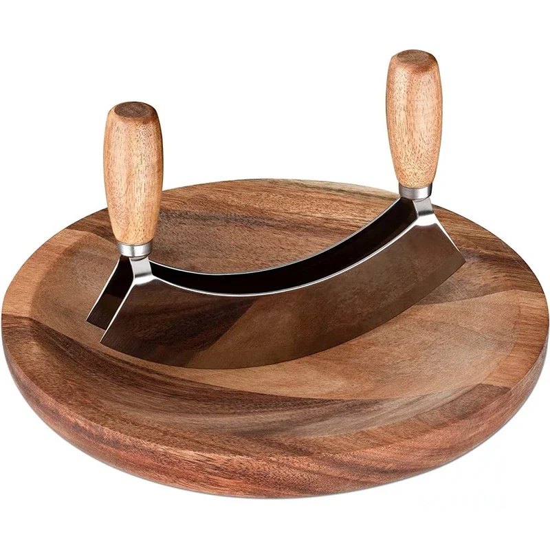 Mezzaluna Knife and Round Cutting Board Double Blade Chopping Knife Pizza Cutter Rocker Herb Cutting Board