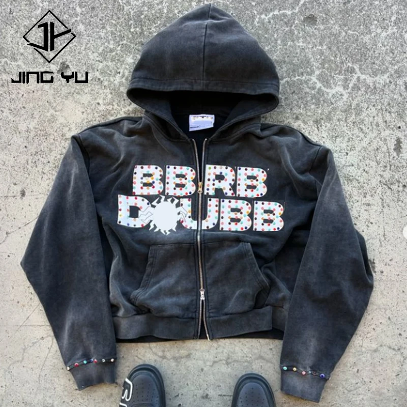 Уличная одежда по индивидуальному заказу тяжелые шелковые с трафаретной печатью винтажные кислотные выцветшие на солнце двойные толстовки молнии со стразами