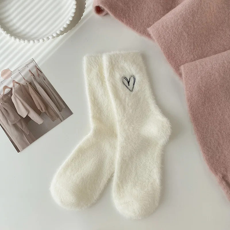 Embroidered bulk wholesale plush women thickened lovely mid-tube sock for autumn and winter fluffy home warm socks
