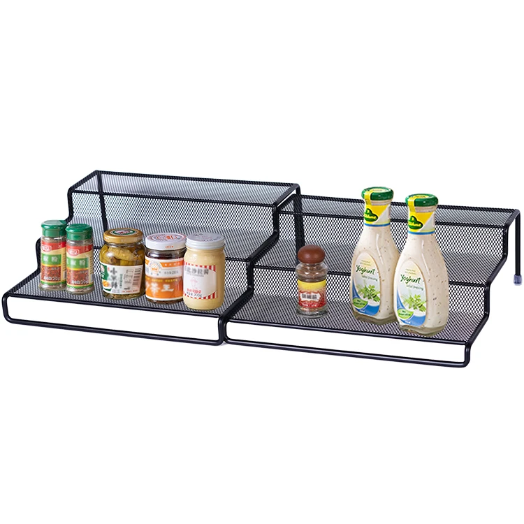 Black Color 3 Tier Wire Mesh Expandable Cabinet Spice Rack Organizer Kitchen Counter Shelf Organizer