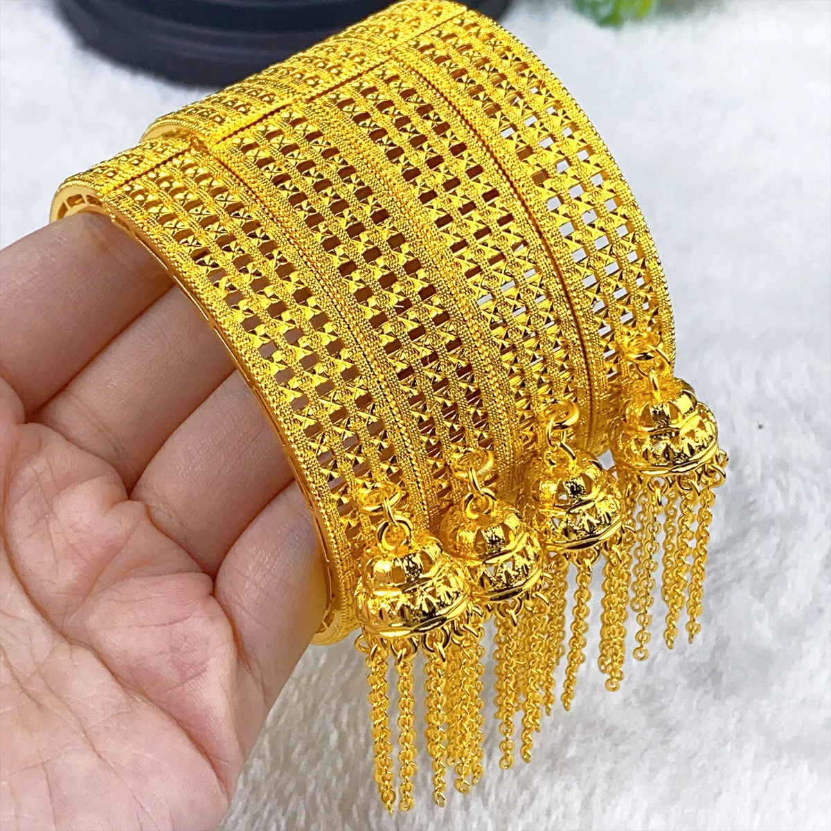Luxury Tassel Dubai Gold Color Bangles For Women 24K Gold Plated Indian African Bracelets Charm Wedding Ethiopian Hand Jewelry