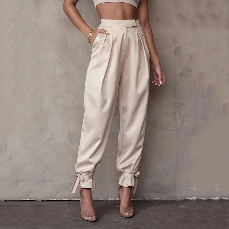 Zipper Loose Satin High Waist Harem Pants Women Autumn Pleated Pockets Long Trousers Casual Office Ladies Pant Wholesale