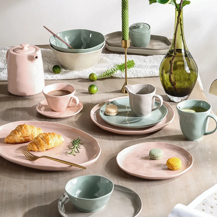Reactive glaze speckled design porcelain table ware nordic ceramic plate dish dinner set pink dinnerware sets for 6 people