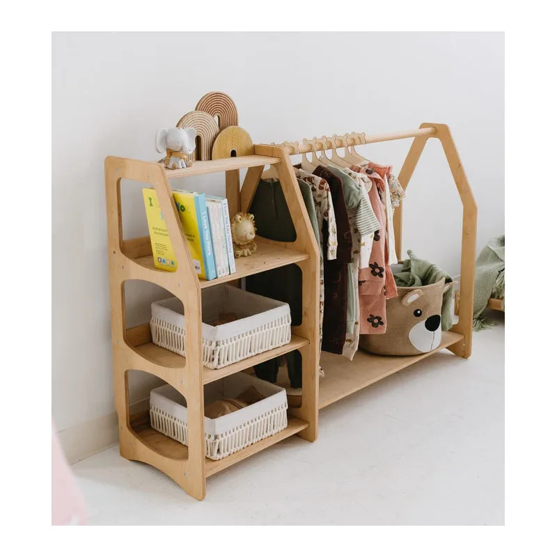 Custom Montessori Kids Furniture Wooden Newborn Baby Wardrobe with Shelves & Dress Hanger for Bathroom Storage