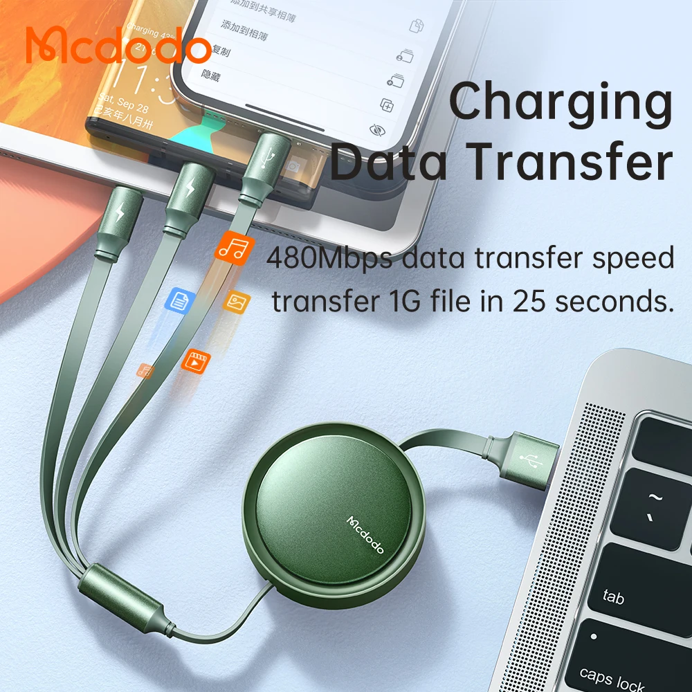 Mcdodo 3A Charging 3 in 1 Light-ning+Micro+Type C Data Cable, Multicharger Multi USB Retractable Charger Cable