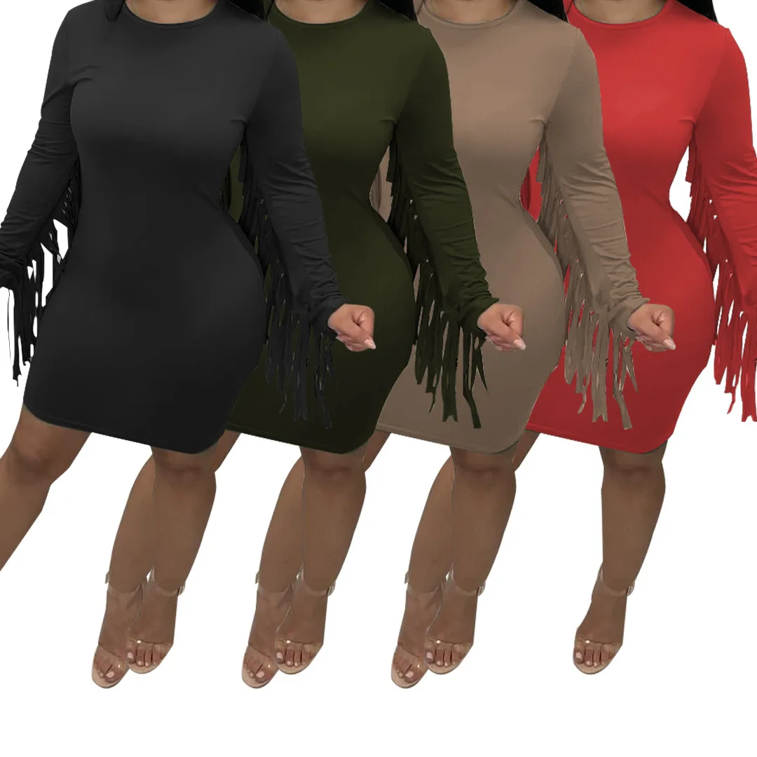 Новое поступление, однотонное милое вечернее платье с бахромой, Осеннее женское платье средней длины с длинным рукавом и кружевной бахромой