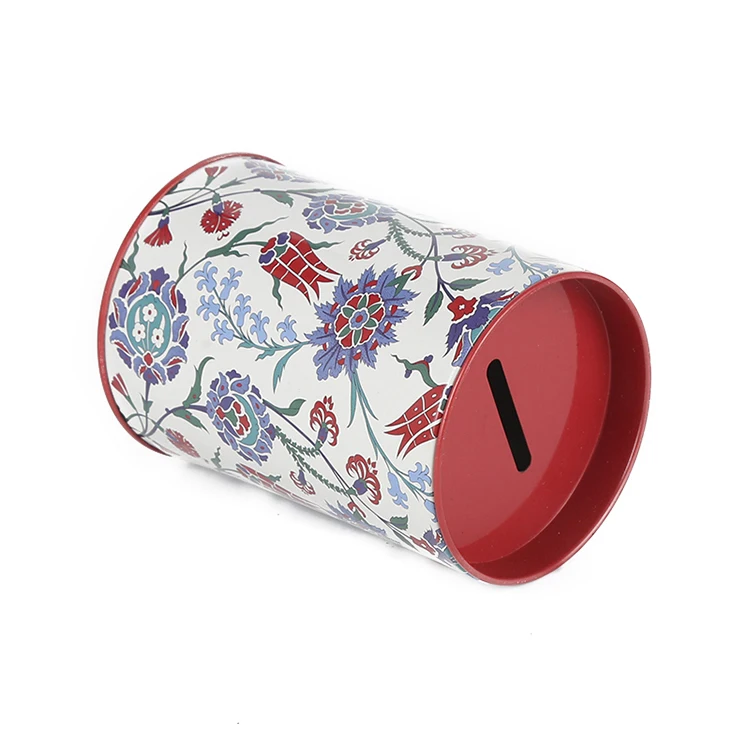 Red round tin piggy bank available to open, printing simple and fresh flower
