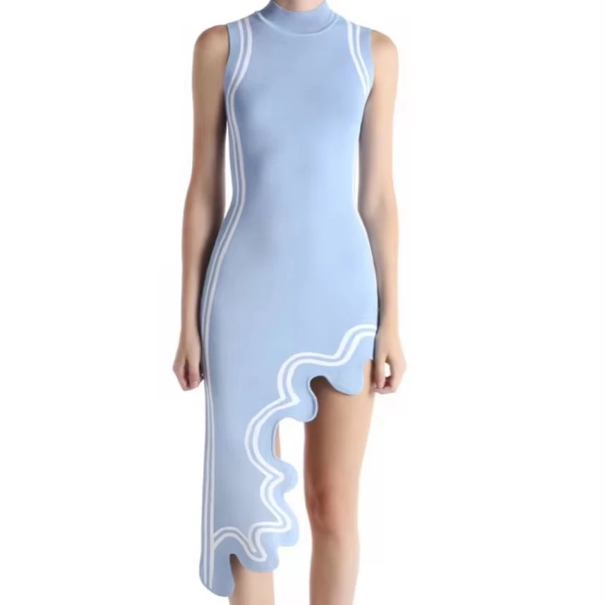 2022 Women Spring Summer Turtle neck sleeveless Asymmetrical Wavy Hem knit bodycon dress stylish sexy party dresses