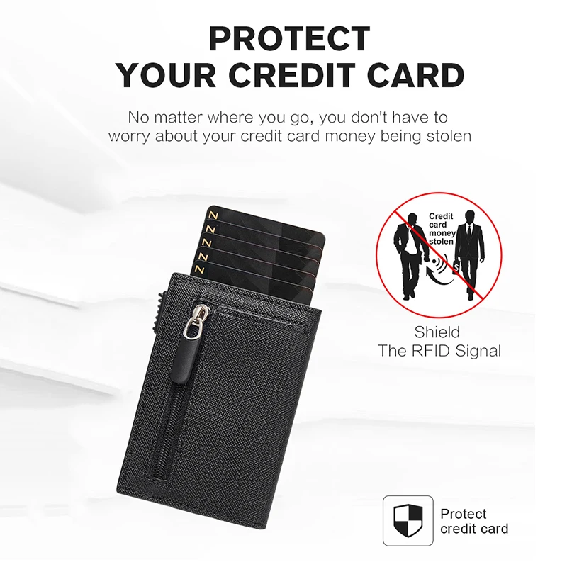 Design Fashion Zipper Coins Magnetic Card Holder Aluminum Pu Leather Business Rfid Smart Wallet Card Holder 2023