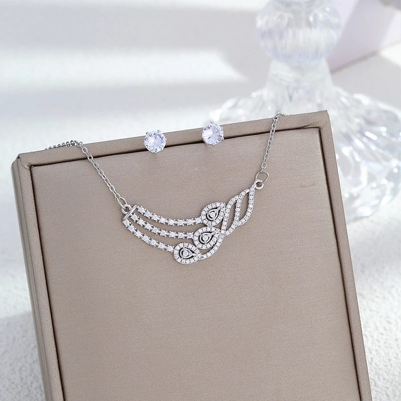 CDD Luxury Zircon Water Drop Crystal Earrings Necklace Set Engagement Wedding Bridal Jewelry Set for Women
