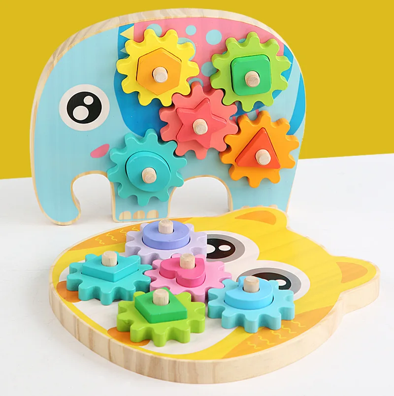 2023 Educational Gear Rotational Geometric Shape Matching and Inserting Building Blocks Wooden Gear Set Column Toy Who Wholesale