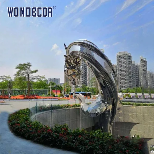 WONDECOR Large Outdoor Abstract Chinese Loong Art Project Stainless Steel Sculpture