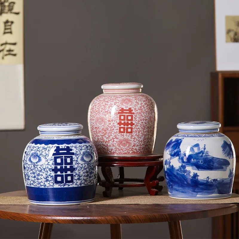 Jingdezhen Blue White Happy Word Vase Porcelain Chinese Ink Ceramic Ornaments for Home Decor Wedding Desktop Flower Arrangement