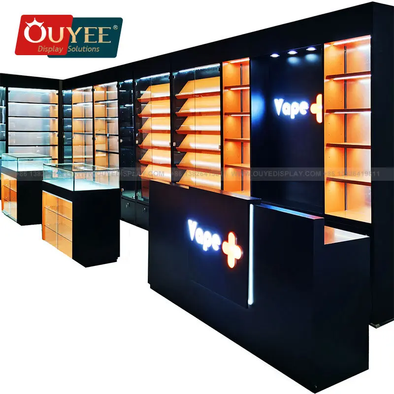 Custom New Design Retail Store Luxury Interior Decorate Showcase Glass Cabinet Display Cases For Smoke Shop