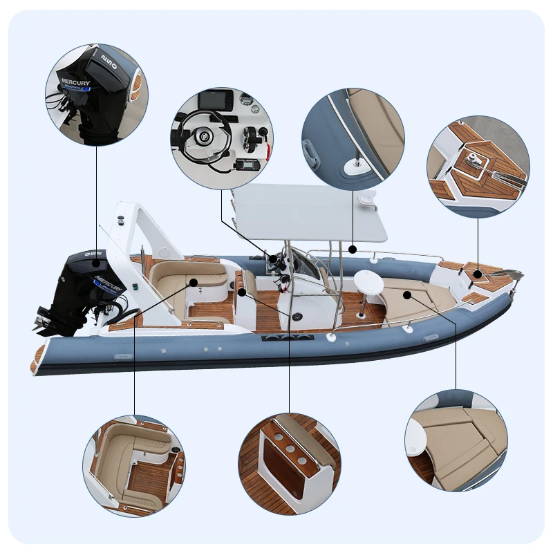 China Hot Sale RIB 760 Rigid Hull Hypalon Inflatable Fiberglass Rib Boat with Outboard Motor for Sale