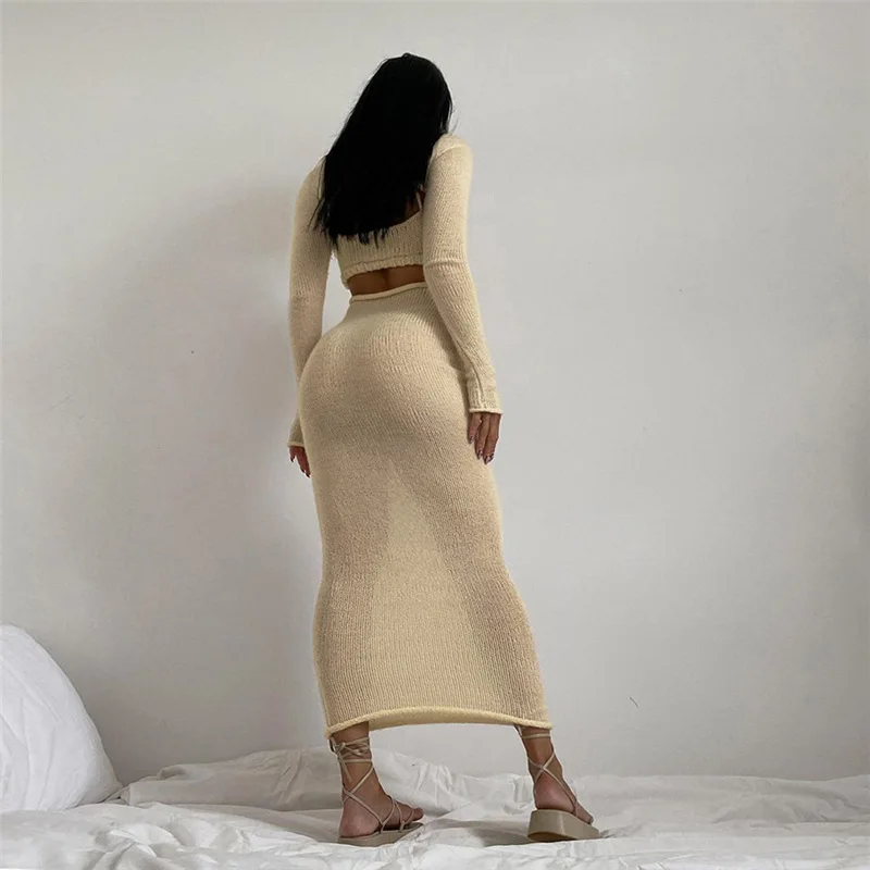 Fall New Women Clothes Plush Thick Long Sleeve Hollow out Maxi Skirt Set 2 Piece Long Dress Sets