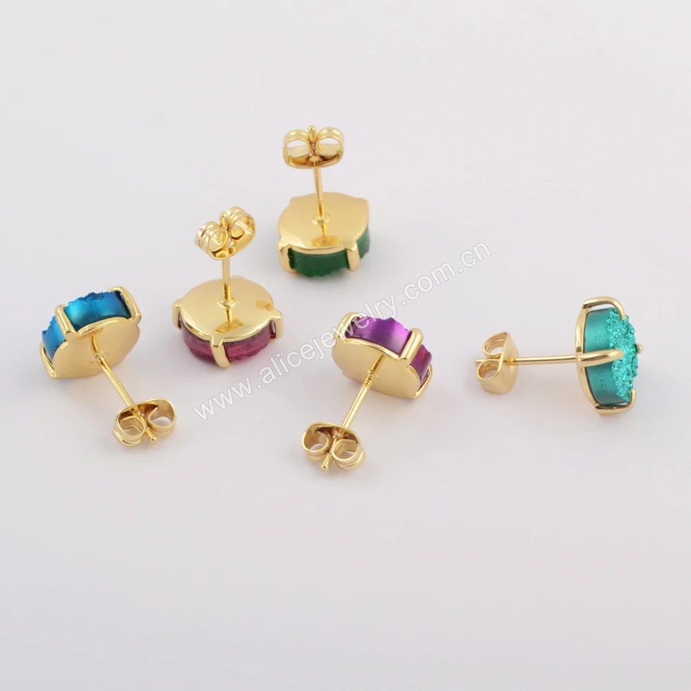 ZG0412 Prong setting 10mm round natural agate druzy stud earrings