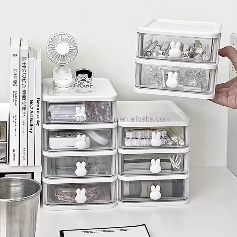 Cartoon desktop storage box Transparent small drawer type desk plastic mini storage box Rabbit stationery storage box