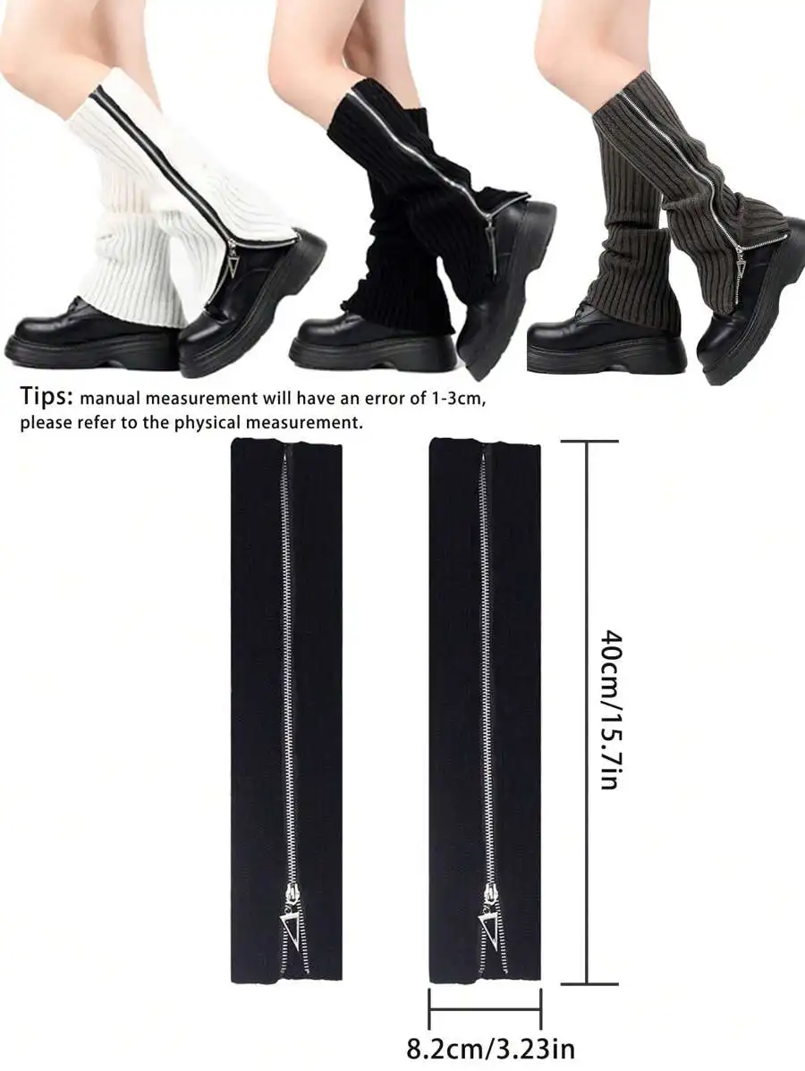 Korean Style Winter Thigh High Socks With Zippers Knitted Leg Warmers For Women