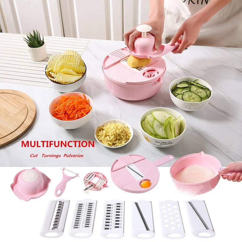 
Amazon hot sale round multifunctional grater kitchen wheat straw 12 in 1 vegetable cutter 