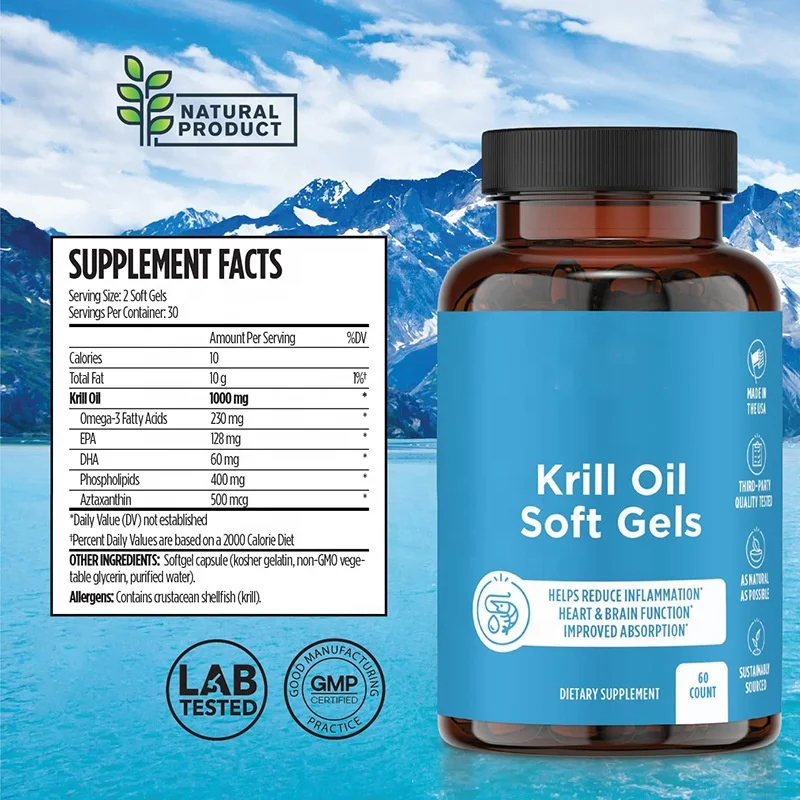 Private Label Krill Oil Omega 3 Providing Astaxanthin, DHA and EPA, Joint Support and Brain Supplement