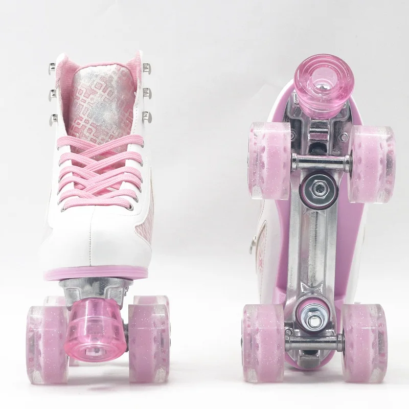 The Rental Quad Roller Skates Brake Head Wholesale Price Four PU Wheels Pink Leather Roller Skate Shoes for Adult