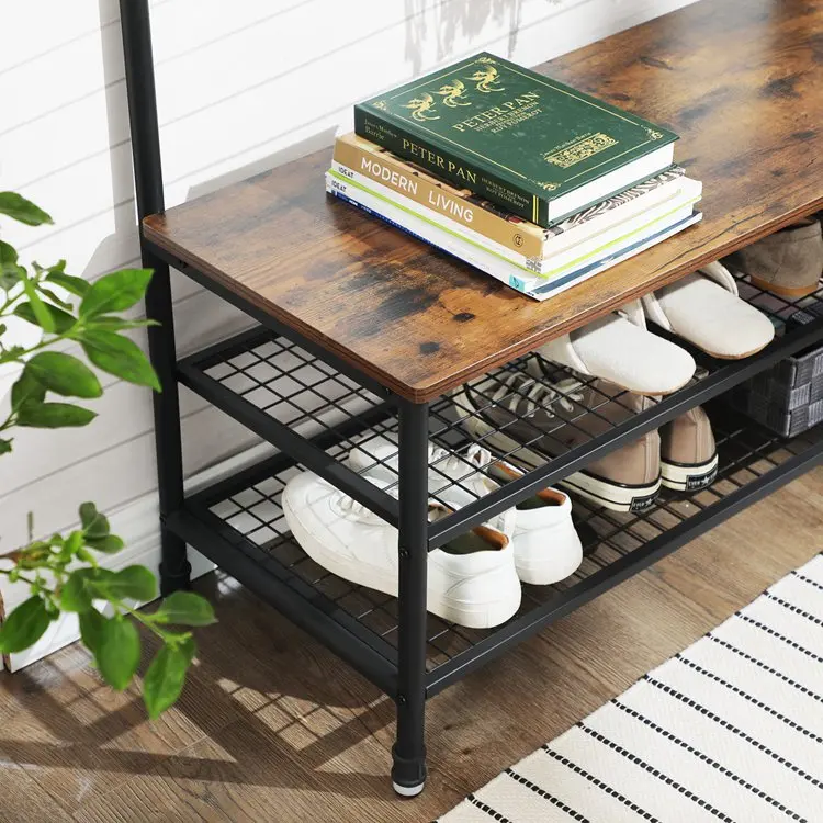 Living Room Entryway Metal Wood Coat Shoe Rack Stand Iron frame modern coat rack