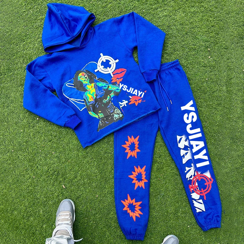 Oem 3D Puff Printing Tracksuit Cotton French Terry Raw Hem Hooded Track Pants Streetwear Sweatpants and Hoodie Jogger Set