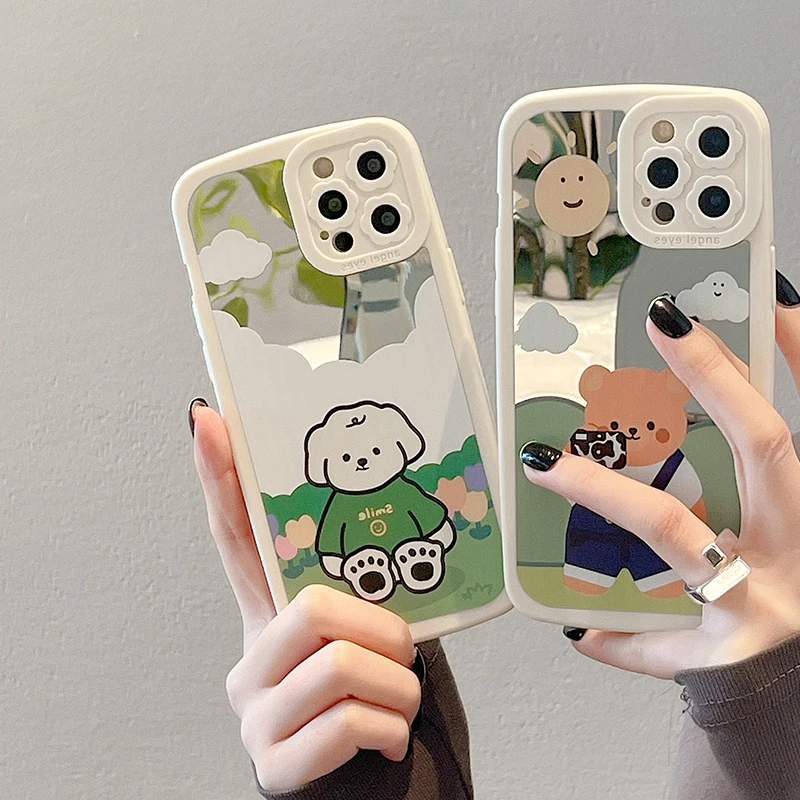 Mirror Bear Girly Women Fashion TPU Mobile Cover for iPhone Case Origina Cases of Glass For iPhone 7 Plus For iPhone Case