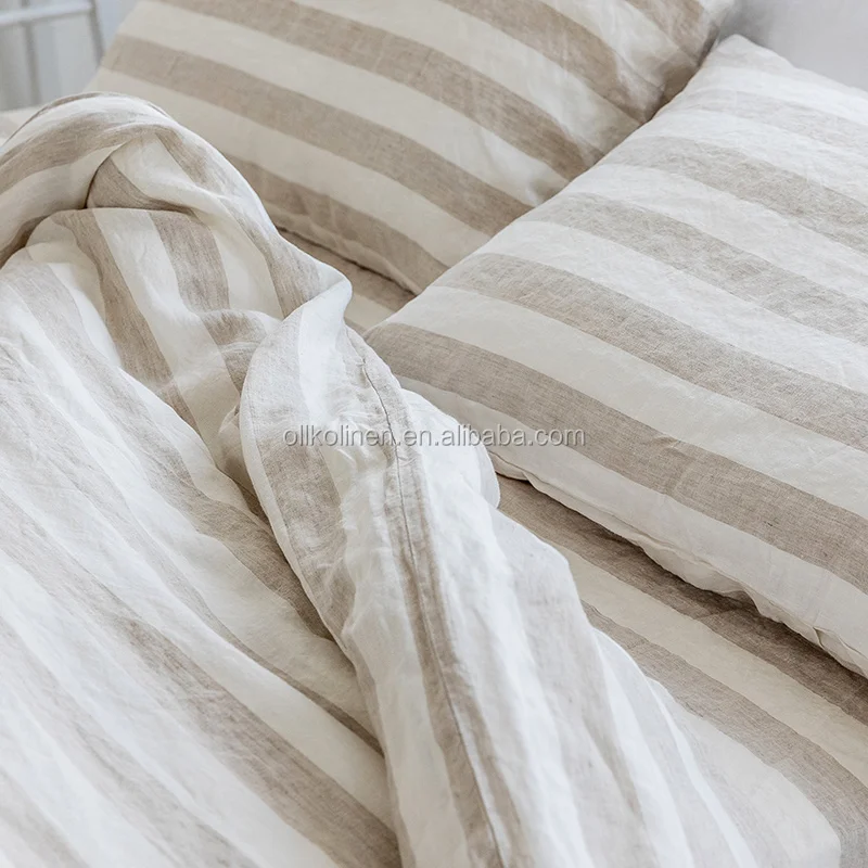 stripe hotel bedding set stone washed king size  belgium pure  french 100% linen flux sheet sets