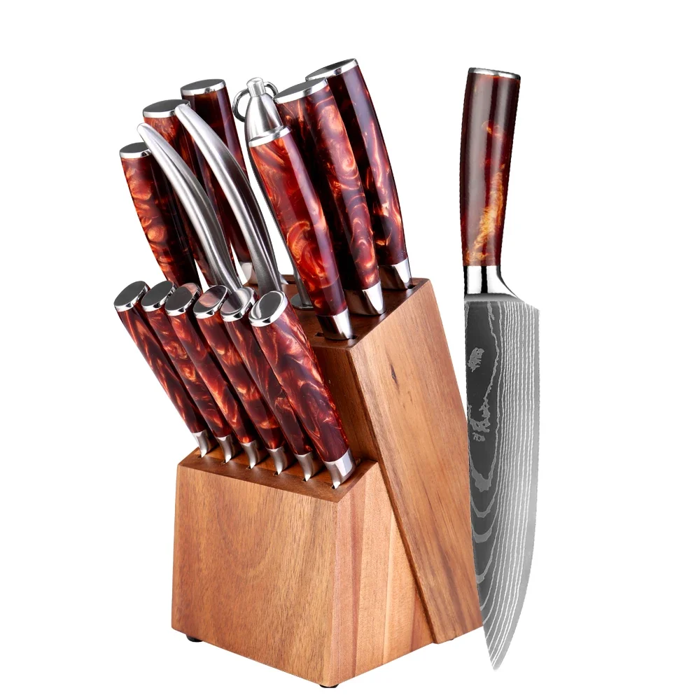Knife Set 15-Piece Kitchen Knife Set With Wooden Block Laser Damascus Pattern Steel Pro Chef Knife With Scissor Sharpening Rod