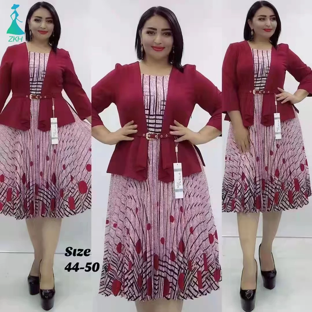 Ropa de mujer Peter Pan Collar Splicing Printed High Waist A line Swing dress frocks with Waistbelt for women party