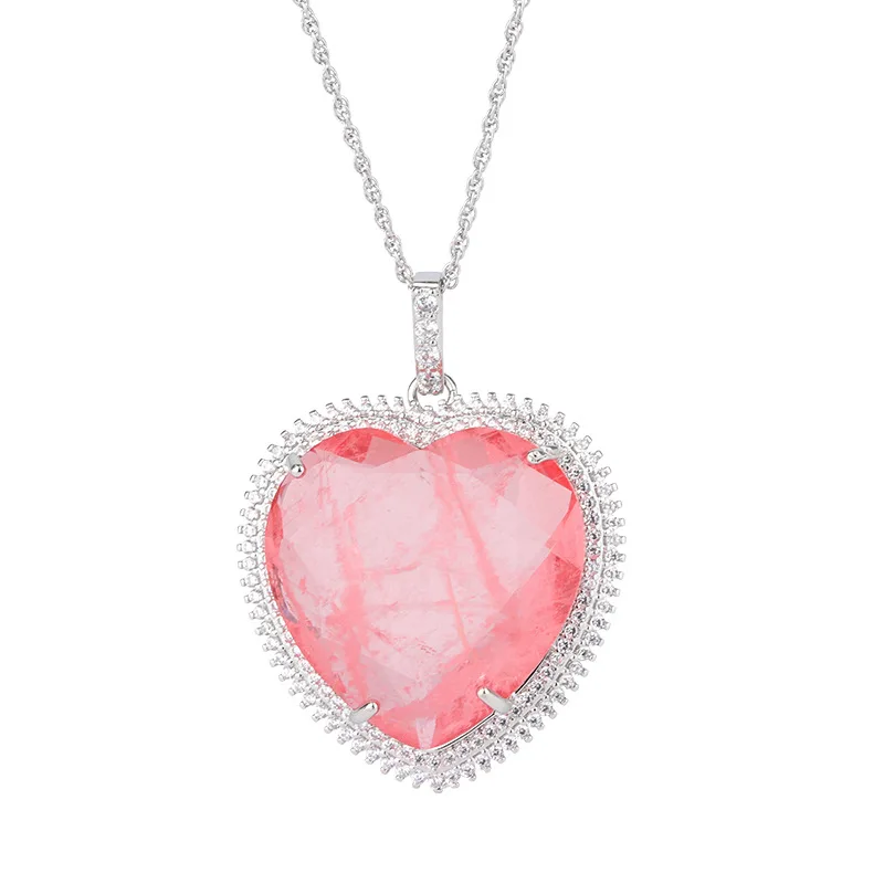 Luxury Heart Pink Crystal Tourmaline Moissanite Gemstone Pendant Necklace for Women Fine Jewelry Anniversary Valentine Gift