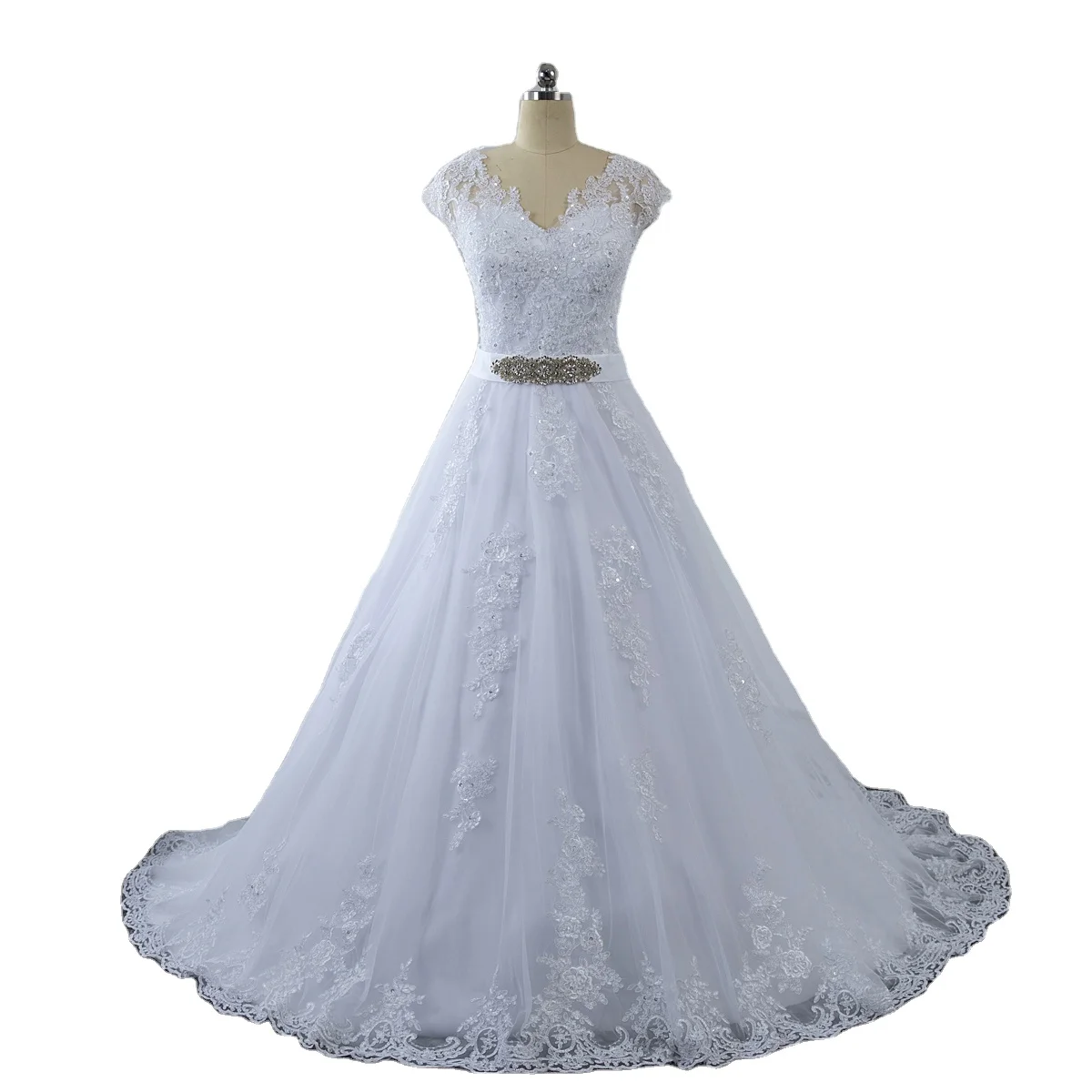 Charming white V neck cap sleeves satin belt diamond embroidery a line wholesale Indian wedding dress