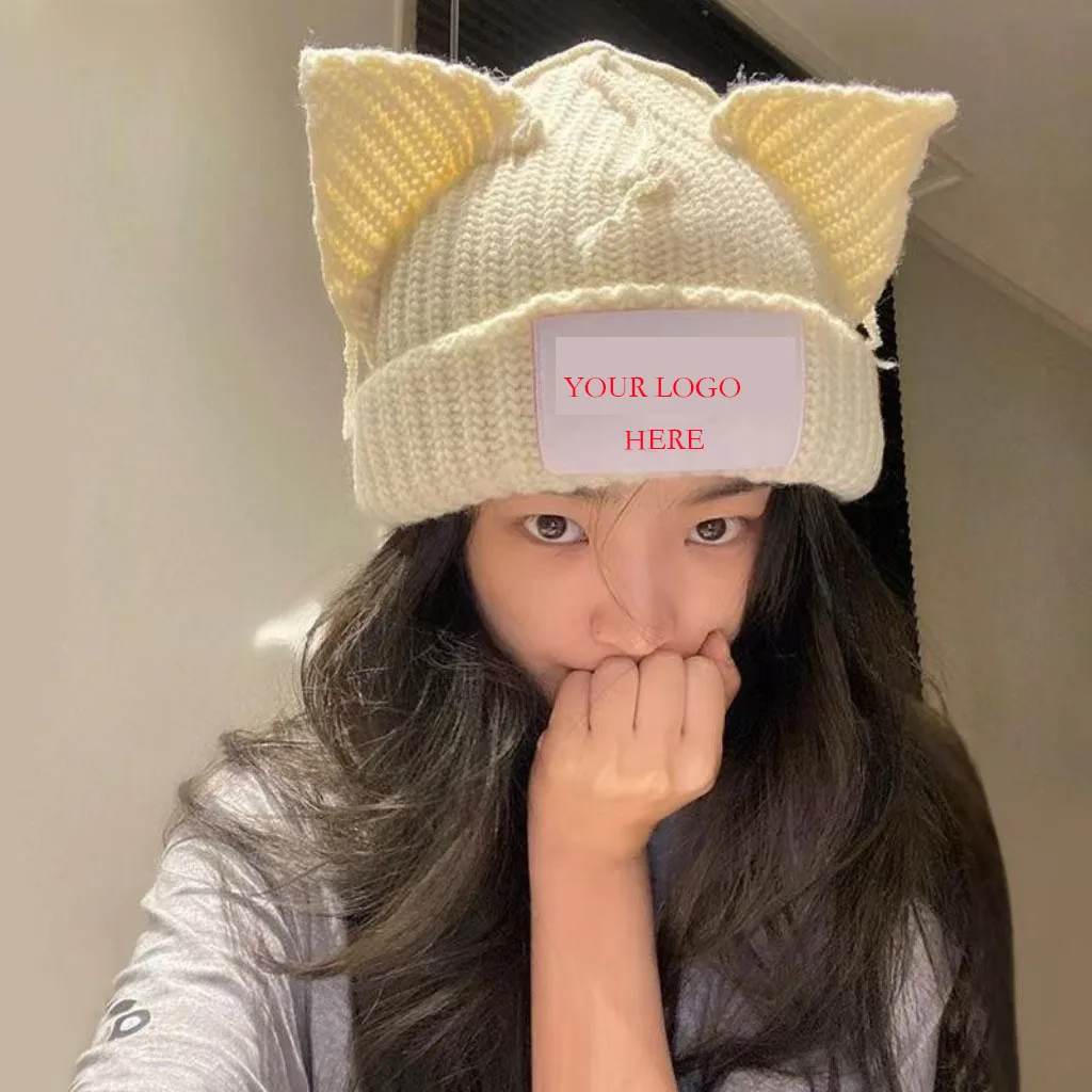 Custom Animal Design Distressed Cute Cat Ear Chic Women Winter Knit Beanie Hats with Ears for Girls