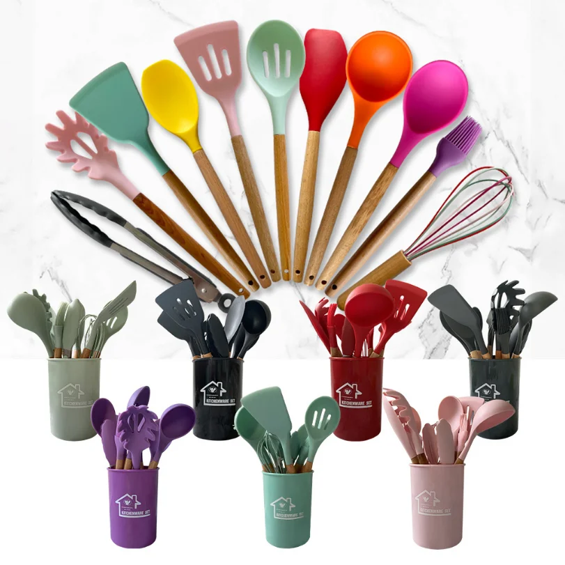 12 Pcs/Set Colorful Silicone Cooking Tools Set Kitchenware Silicone Kitchen Utensils With Wooden Handles