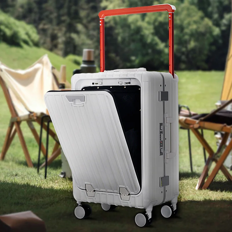 2024 Factory New Design 100% PC TSA Lock Trolley Luggage with Wide Handle Front Opening Bags with Cup Holder USB Suitcase