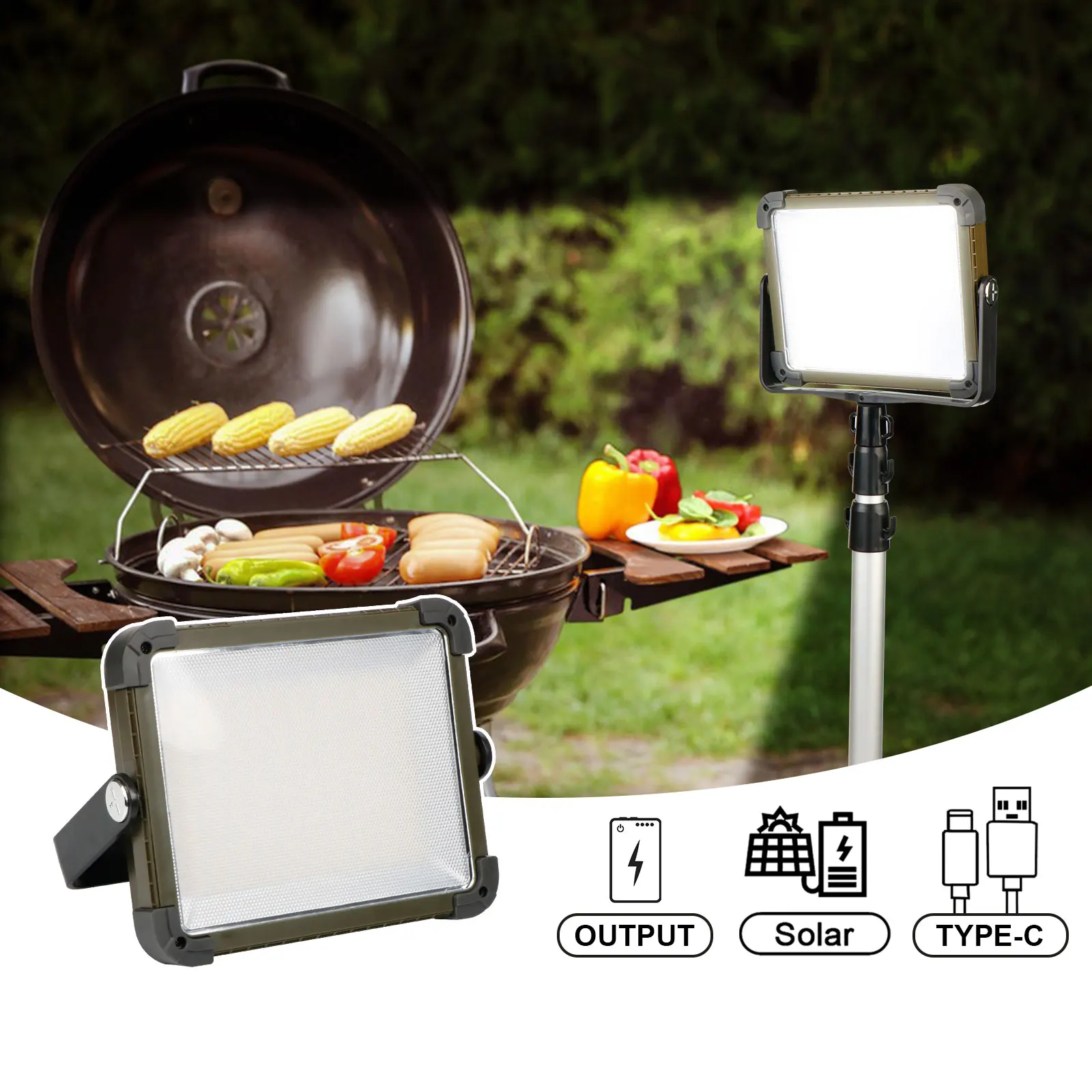 LED USB Rechargeable IP65 Waterproof Lamp Solar Portable Flashlight Lantern Handheld Searchlight for Outdoor Work Camping Hiking