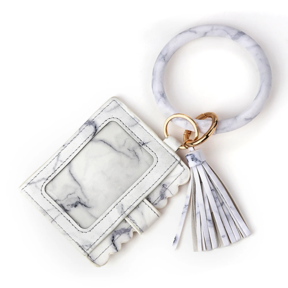 Solid Color Leather Bracelet Key Ring Tassel Round Card Case Design Wristband Wallet Keychain Alloy Leather Ice Cream Keyring ZG