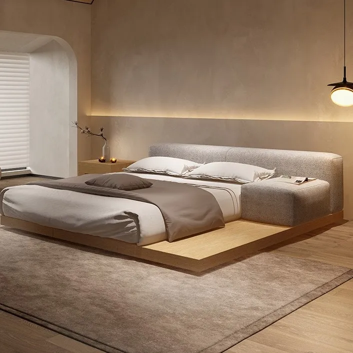 Nordic low wooden back stand king queen size modern bed with soft big headboard wabisabi style Bedroom Room Furniture Set