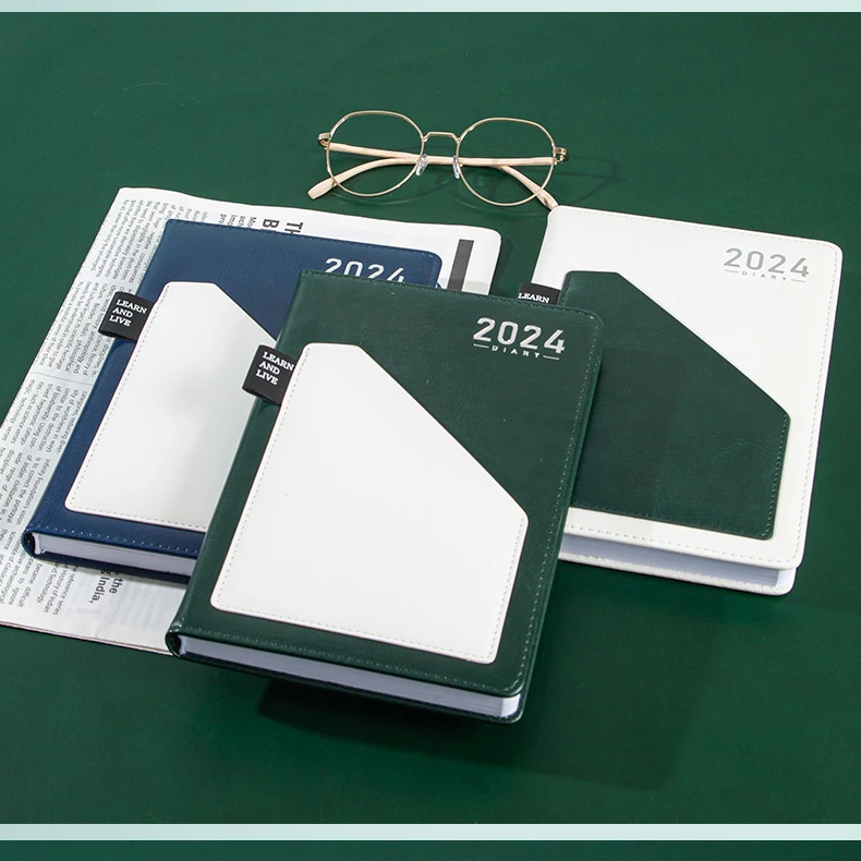 HongShun wholesale a5 English Spanish inside page pu leather daily agenda planner 2024 with pocket