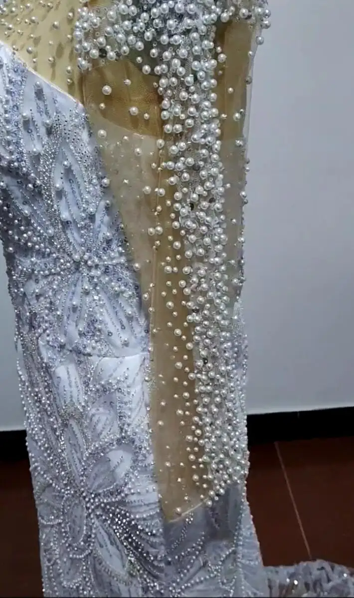 2024 Wedding Dress Mermaid Sheer Neck Long Sleeves Pearl Beaded Rehinestones Bridal Gowns For African Arabic Nigeria Black Women