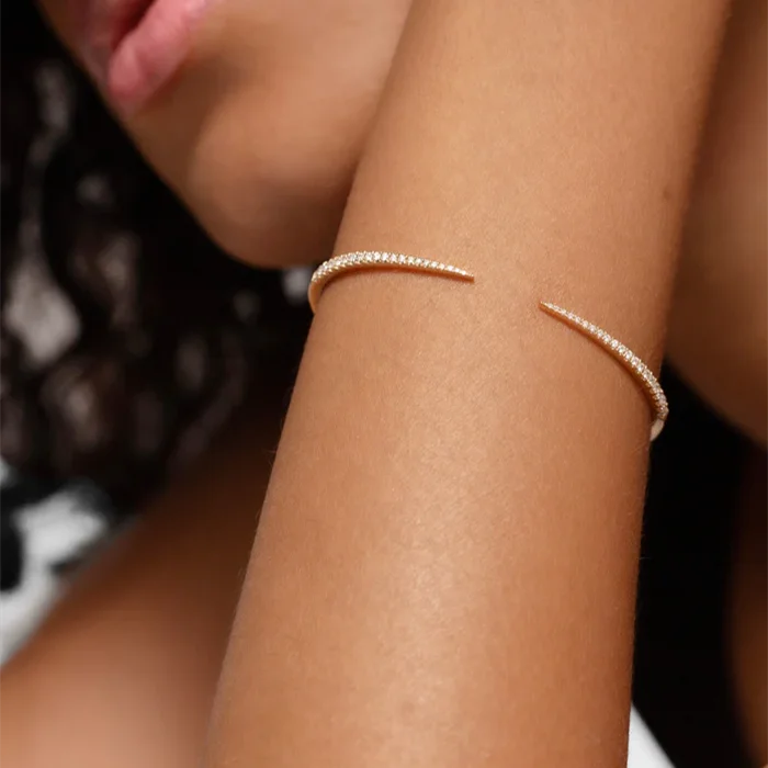 Statement Jewelry Open Design Adjustable Silver 925 Gold Plated Pave Diamond Claw Cuff Bracelet Women
