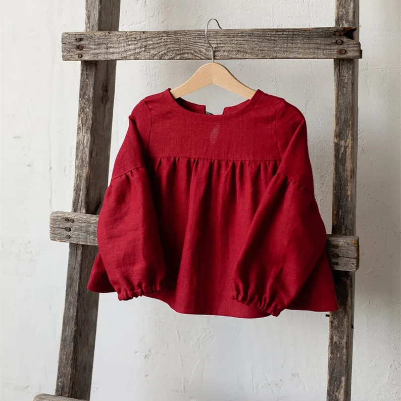 Custom Red Bow Embroidered Long Sleeve Shirt girls Top 100% Cotton Natural Organic Baby Clothes Kids Clothing