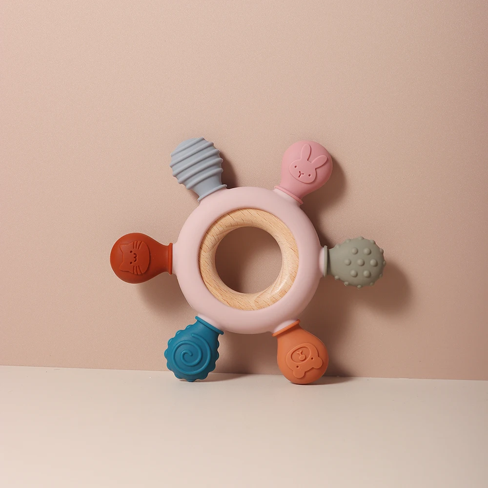 Beech Wood Ring Food-grade Baby Silicone Teether Chewed Baby Rattle Toy Shaking infant teething 3 to 6 month chewable