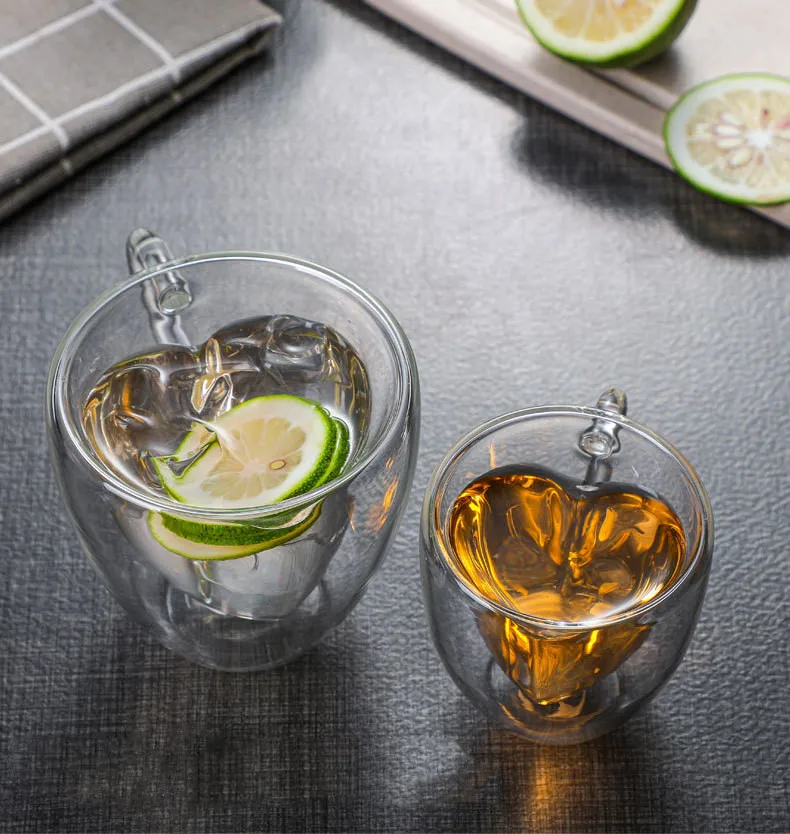 80ml 150ml 250ml 300ml Double Wall Glass Coffee Mugs Transparent Heart Shaped Milk Tea Cups With Handle Romantic Gifts