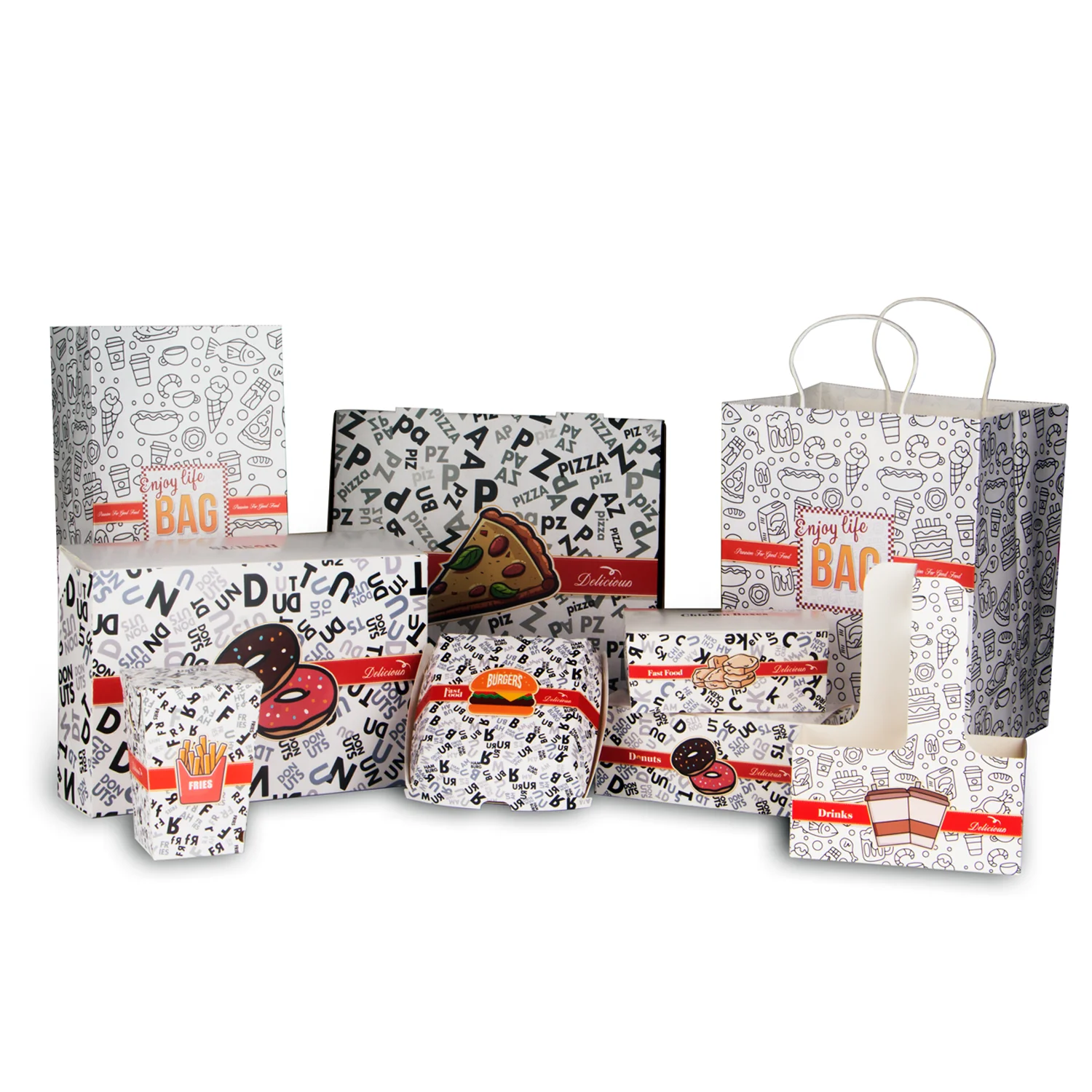 Custom fast food paper packaging Disposable to go boxes for Snack, burgers, Fried chicken ,chips paper box bags package set