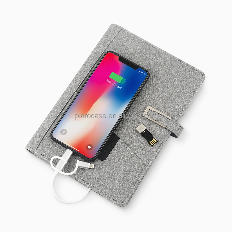 Custom Magnetic USB Lock Leather Notepad with Power Bank Phone Pocket