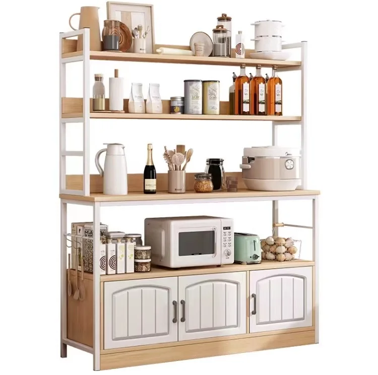 Home Furniture Kitchen Cabinet Wooden Open Shelf with Metal Frame Floor Standing Display Cabinet