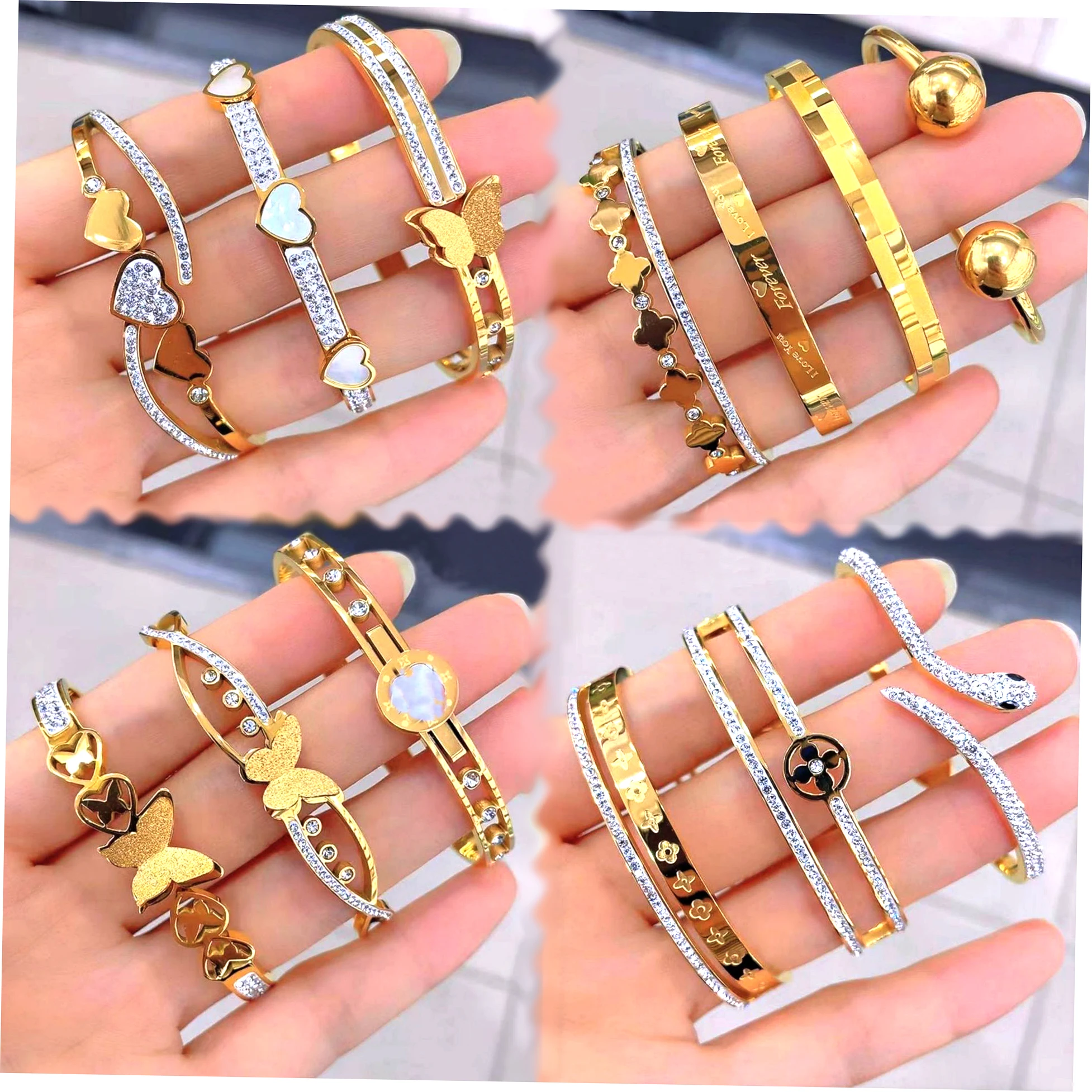 High Quality Stainless Steel 18k Gold Tennis Zircon Shell Heart Butterfly Bangle Women Cross Turquoise Clover Bangle For Gift